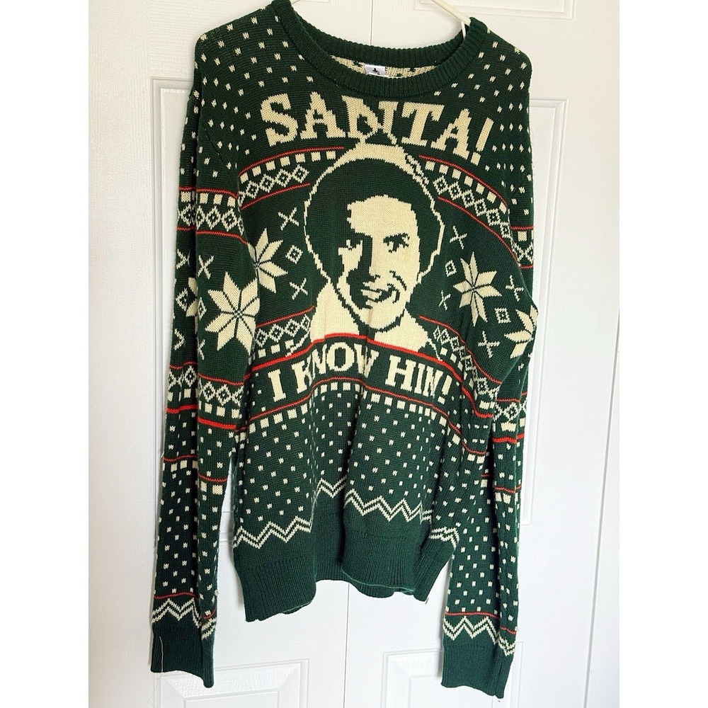 Elf Christmas Sweater Says Santa I Know Him On The Front. Size XL
